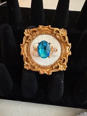 Blue Crystal Statement Ring - Gold Tone